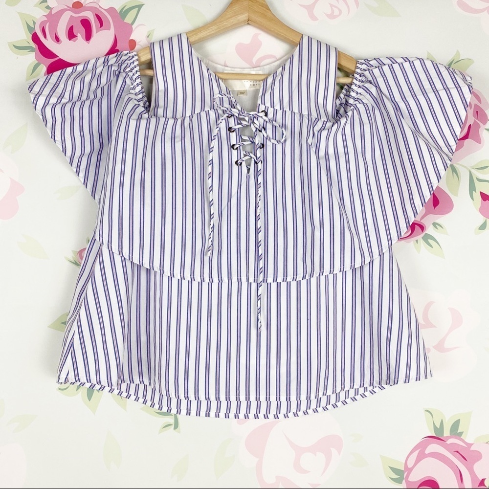 J.O.A. Stripe Cold Shoulder Lace Up Front Summer Top S
